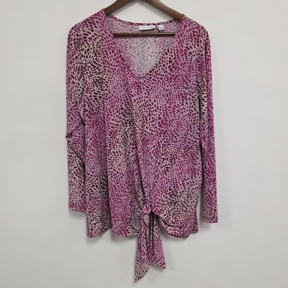 Susan Graver Womens Animal Print Liquid Knit Top Size 1X Pink V Neck Tie Front